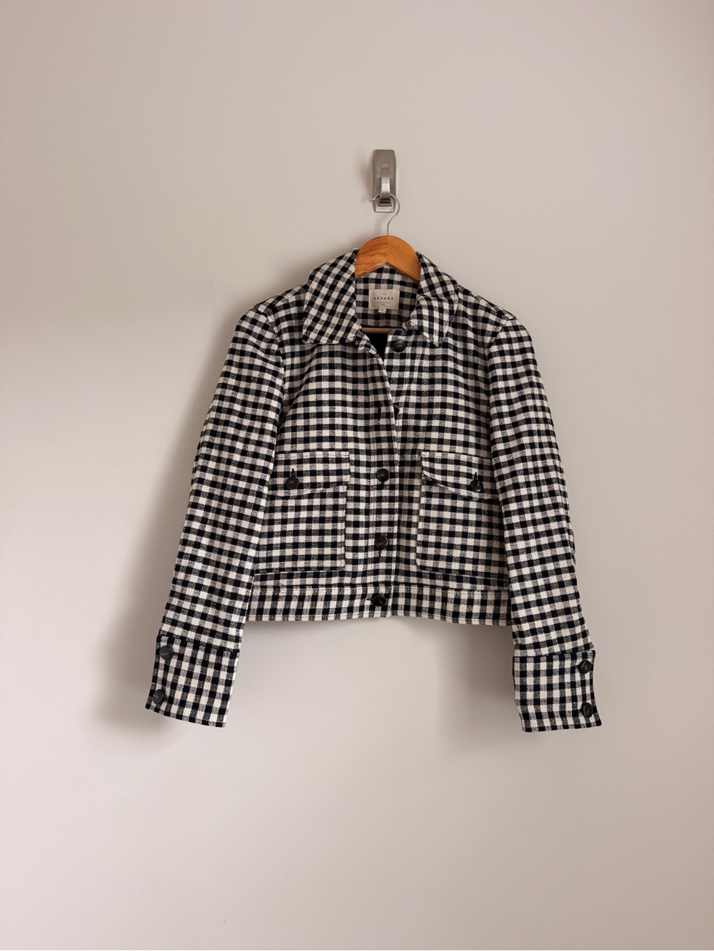 Sézane Terry Jacket Black White Gingham Check Cropped Jacket US 2 - Picture 2 of 7